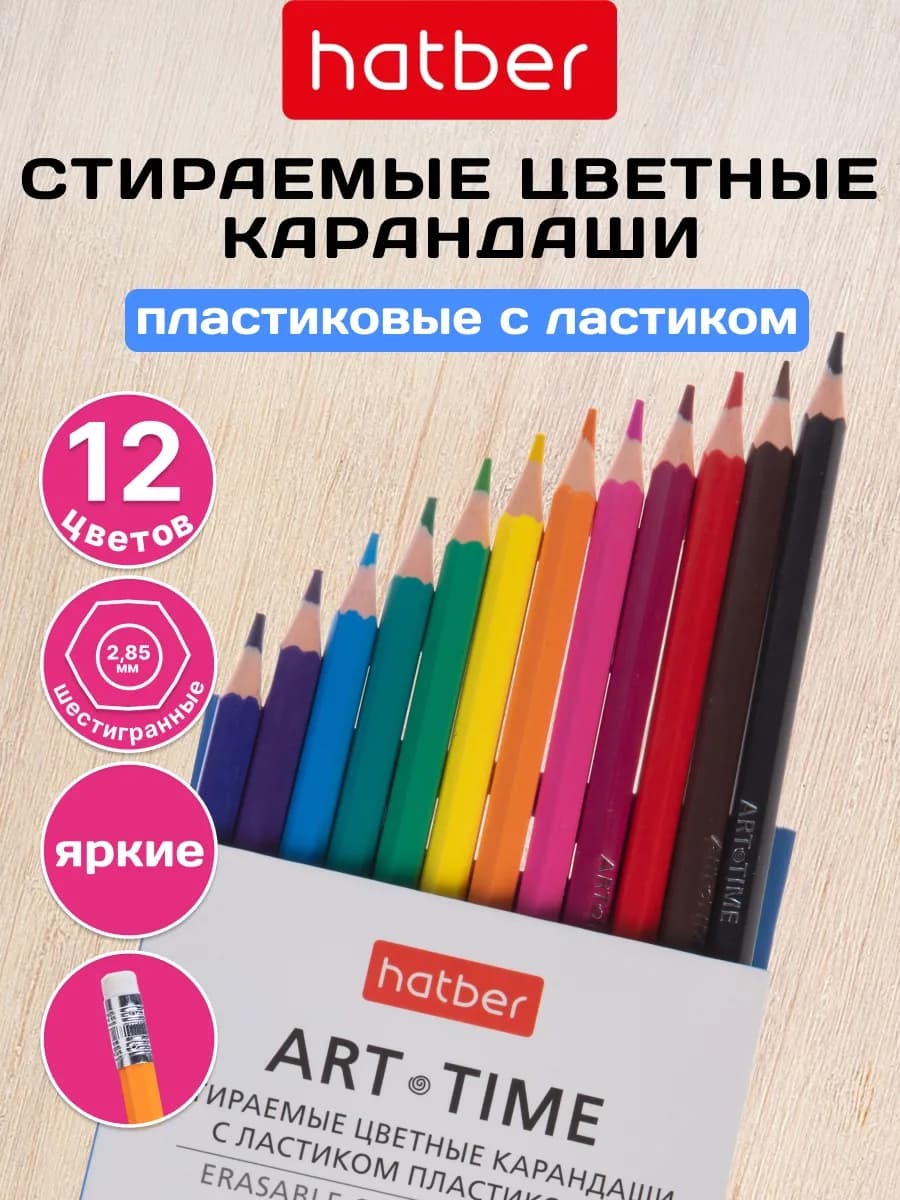 Карандаши цветные стираемые пластиковые 12 цв