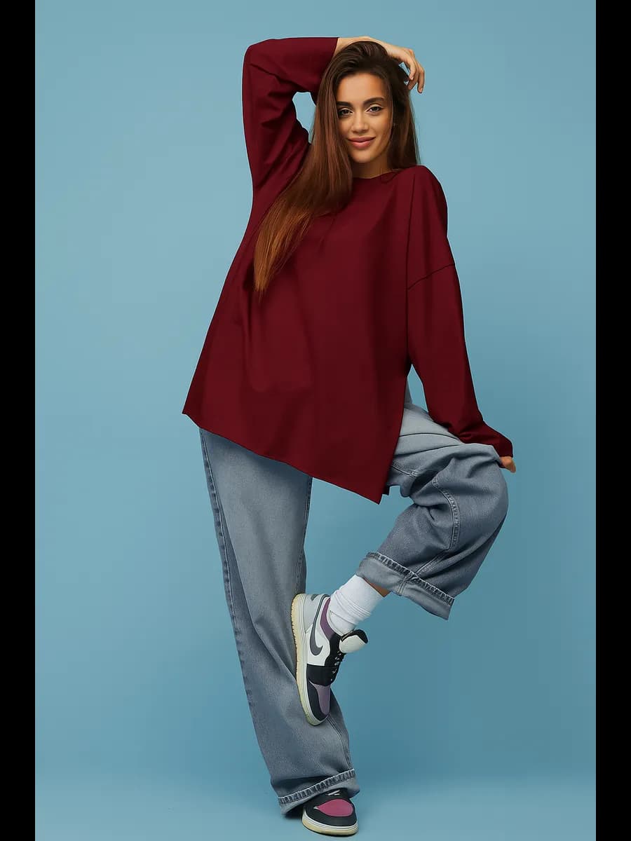 Лонгслив оверсайз однотонный базовый с разрезами - фото 1