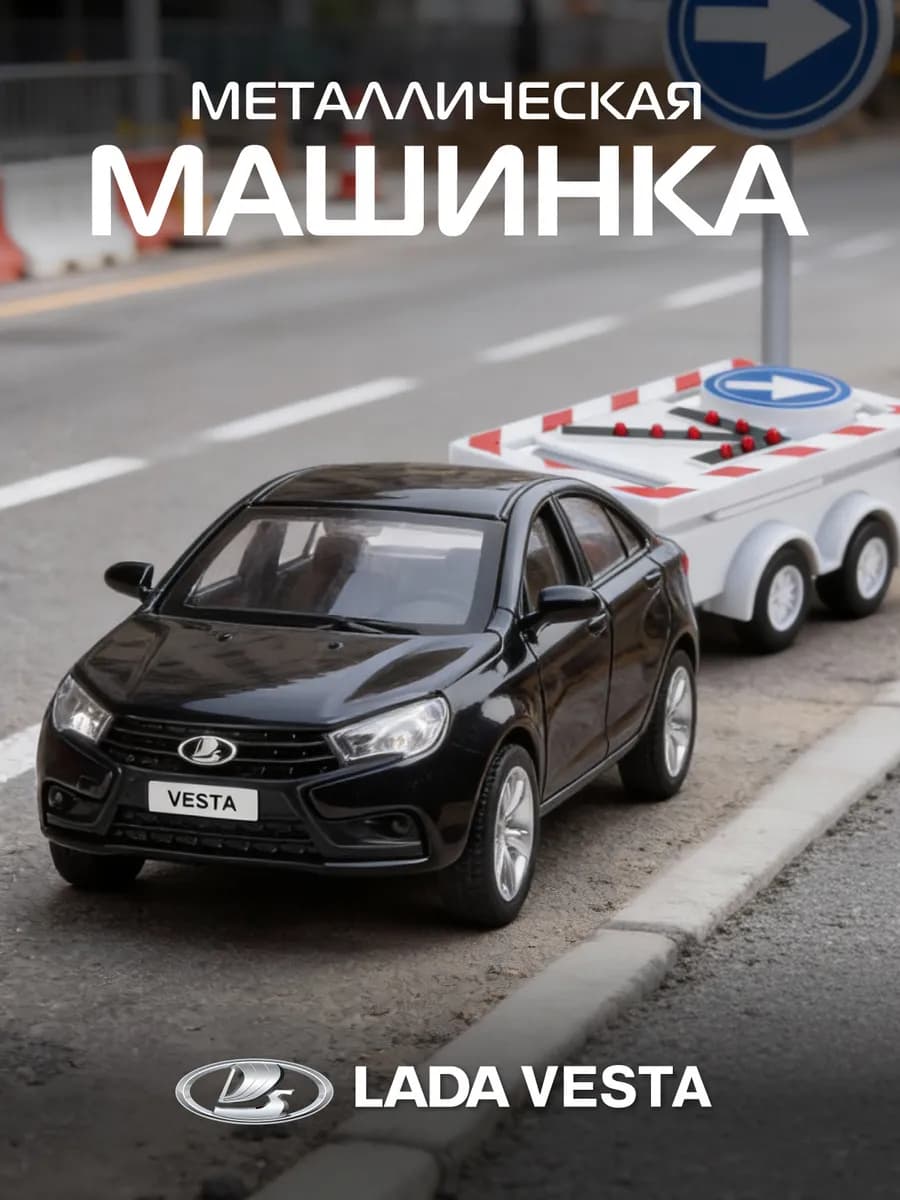 Машинка металлическая игрушка детская LADA VESTA с прицепом