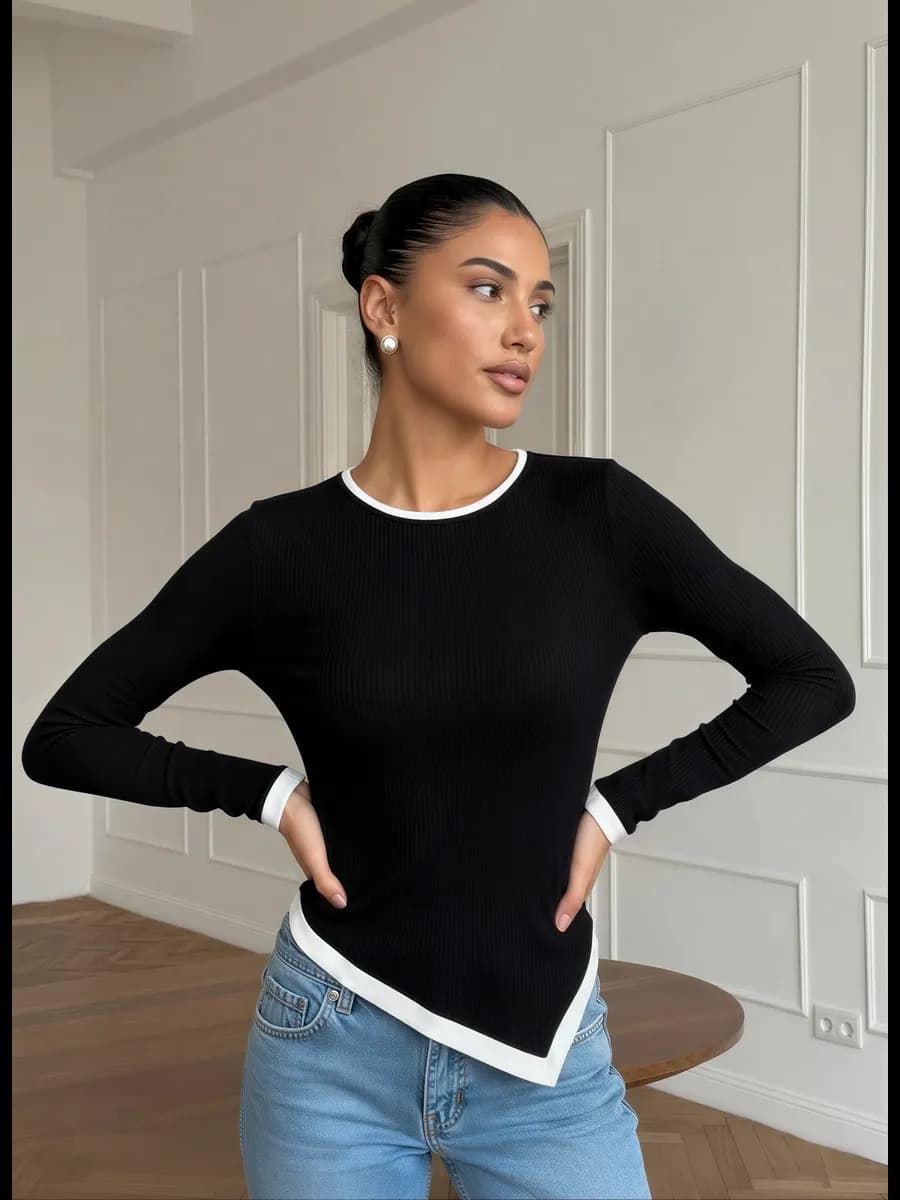 Лонгслив базовый в рубчик приталенный асимметричный