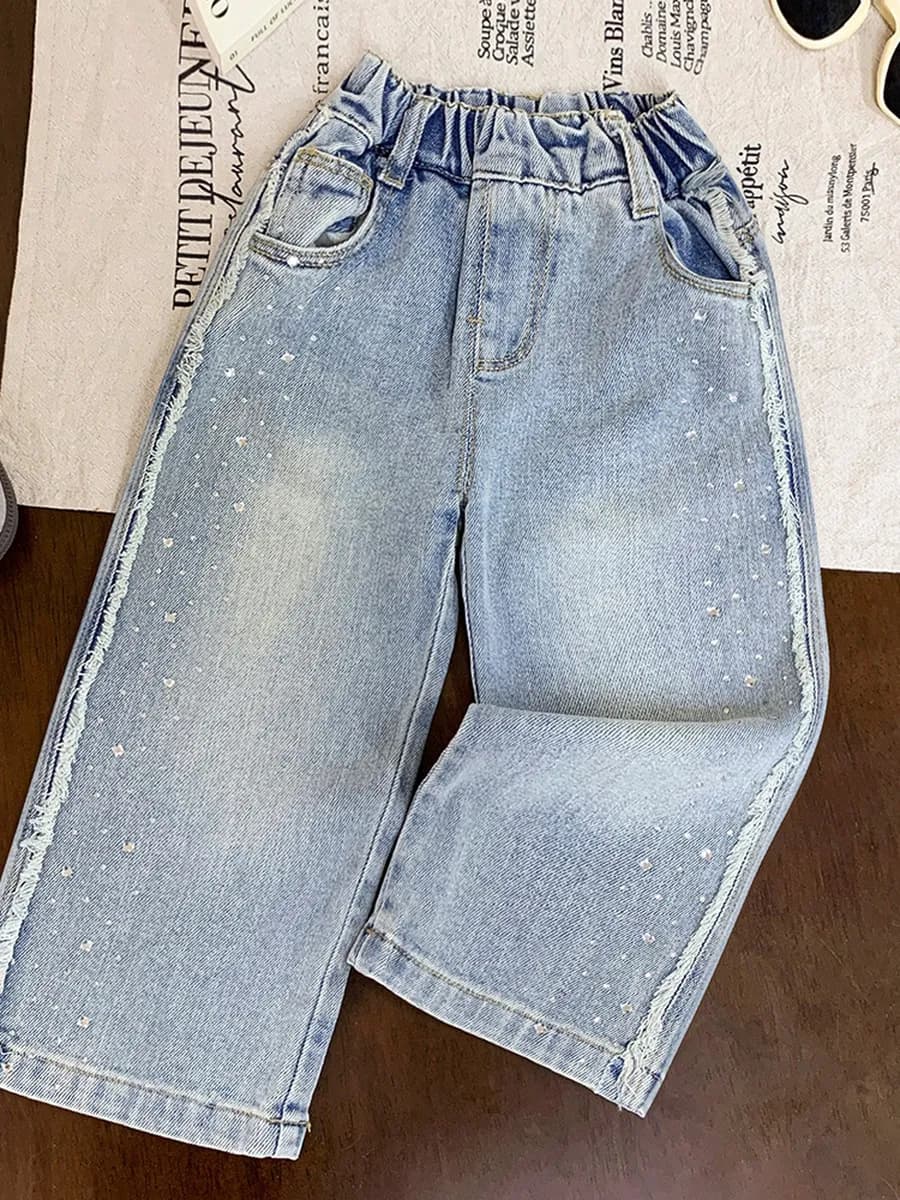 Джинсы широкие на резинке со стразами