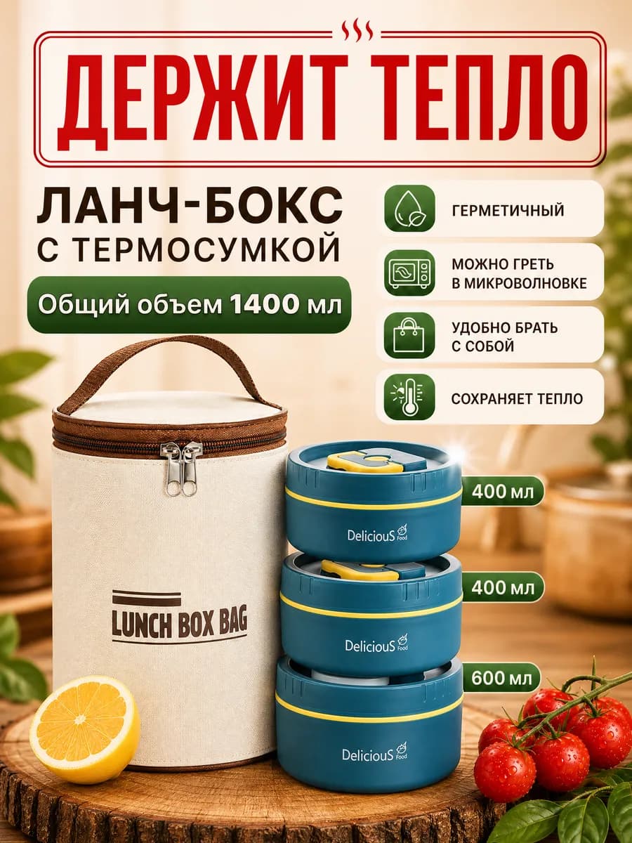 Ланч бокс для супа герметичный с термосумкой 1,4 л