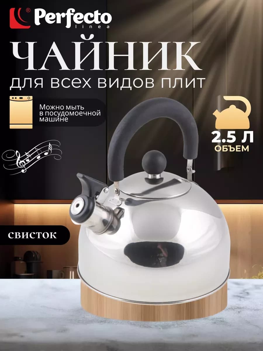 Чайник со свистком для плиты газовой, нержавеющий 2,5 л
