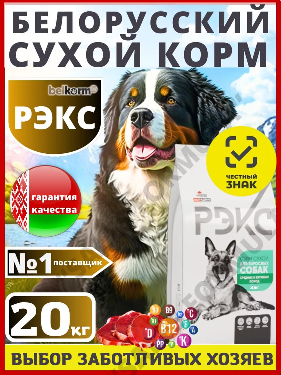 Корм для собак сухой для крупных пород 20 кг Рэкс
