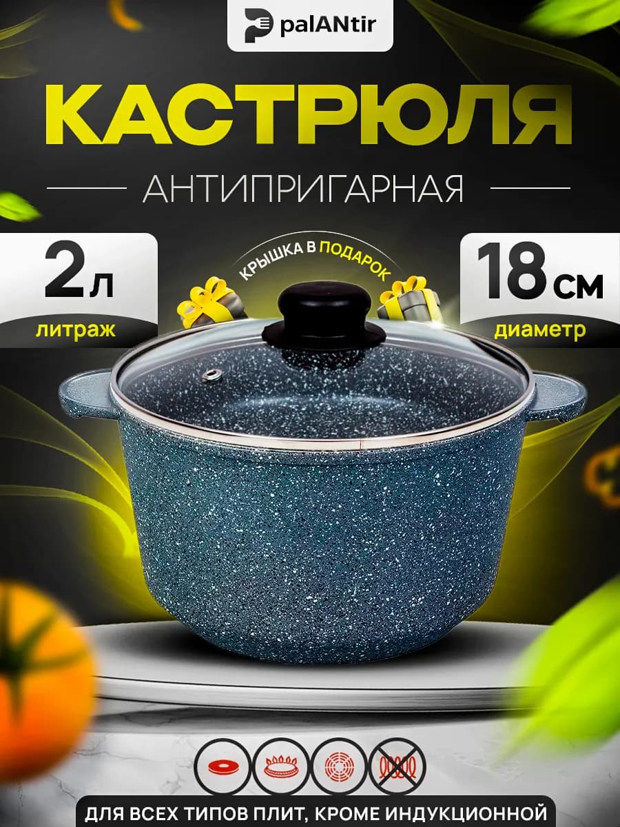 Кастрюля антипригарная с крышкой 2 л серый