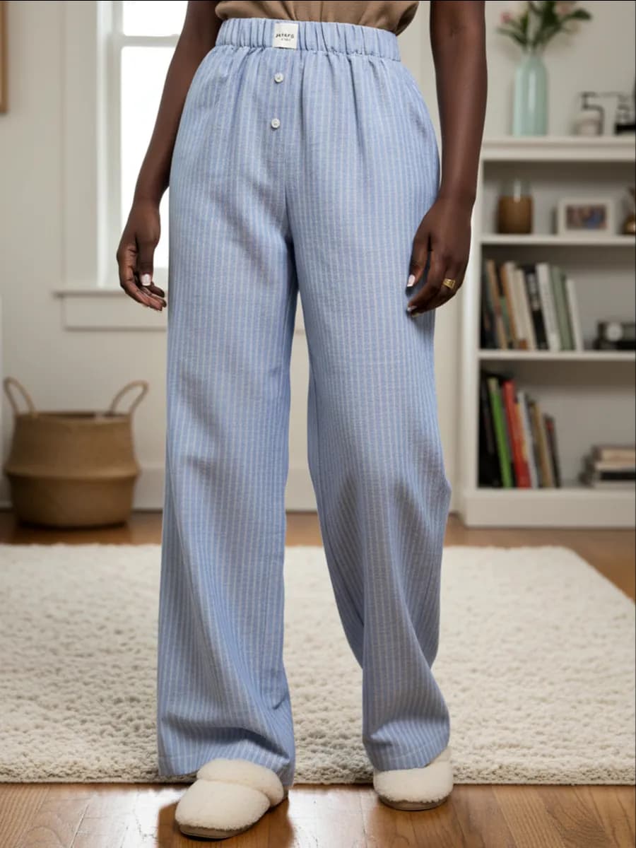 Штаны домашние пижамные льняные в полоску