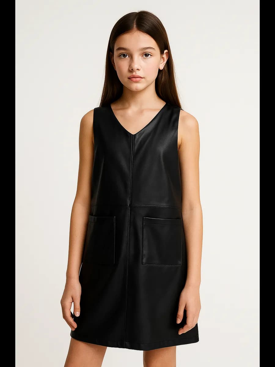 Платье детское из экокожи с накладными карманами