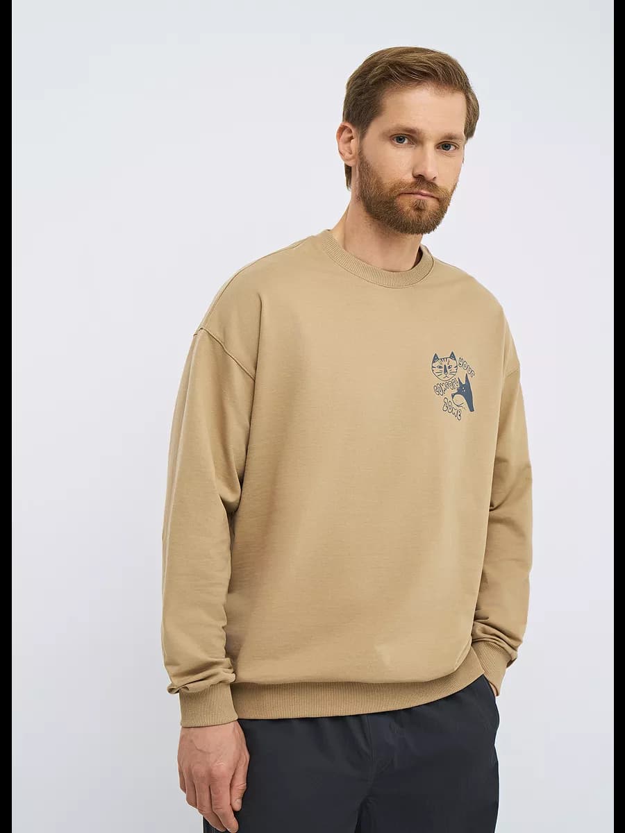 Толстовка хлопковая Oversize Fit бежевая с принтом - фото 1
