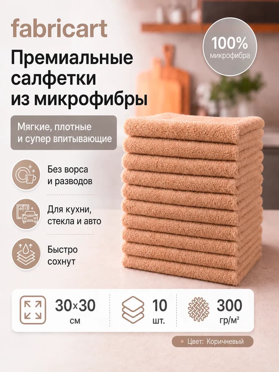 Салфетки для уборки из микрофибры 10 штук 30х30 см