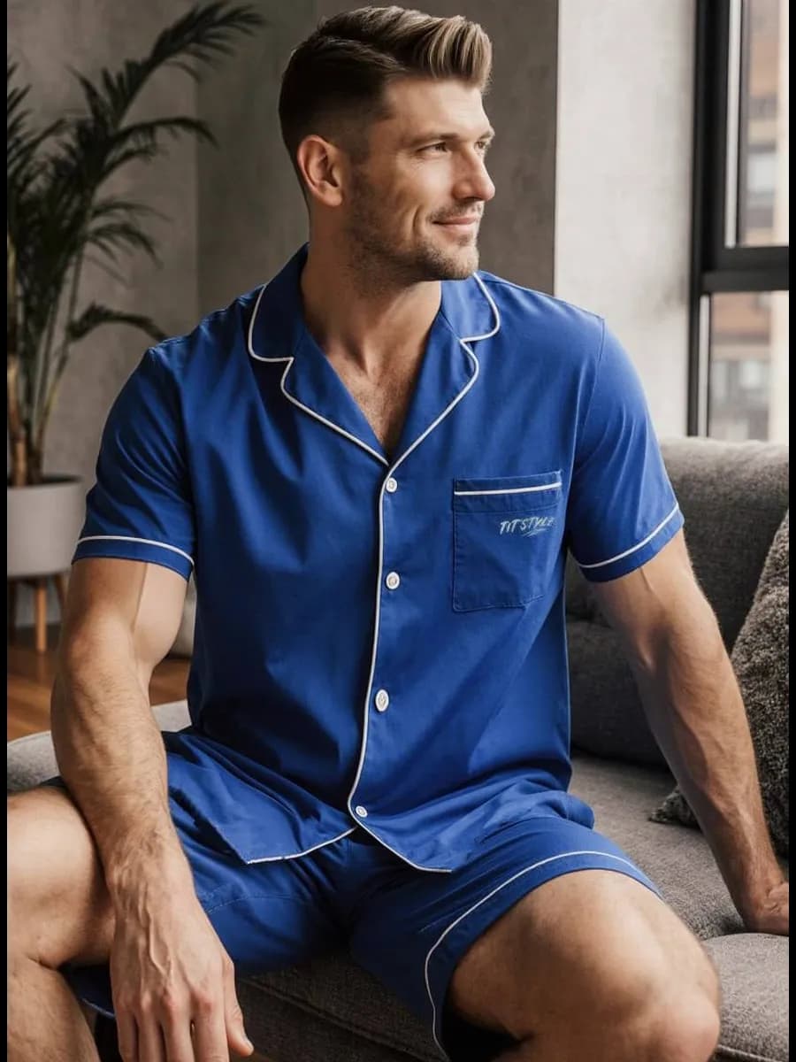 Пижама мужская с шортами и рубашкой хлопок