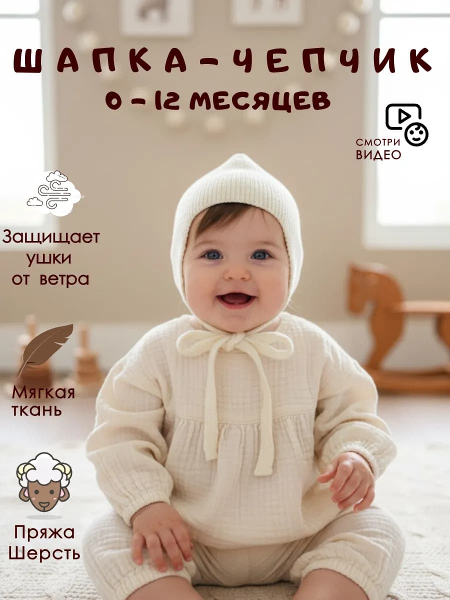 Шапка чепчик вязаный для новорожденного