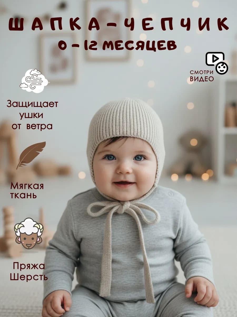 Шапка чепчик вязаный для новорожденного весна