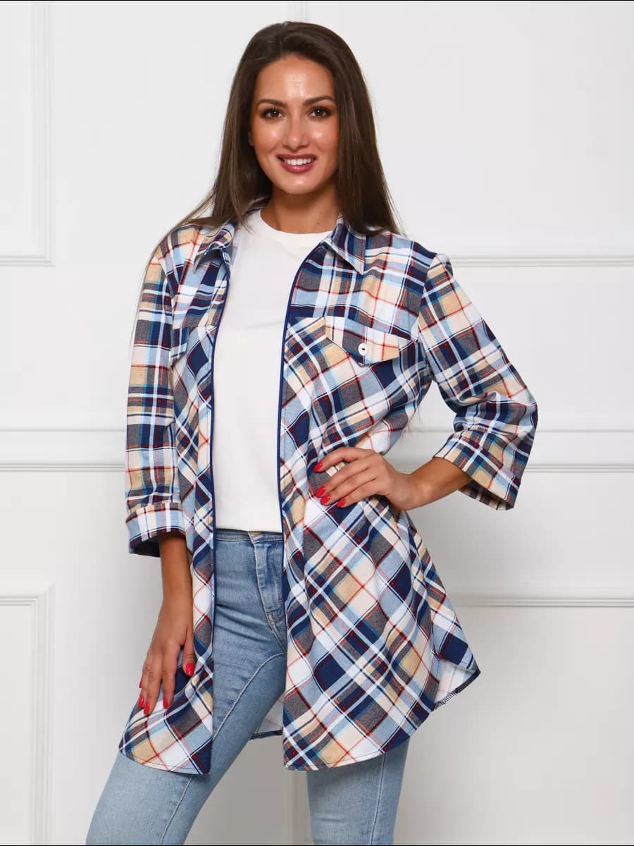 Рубашка в клетку хлопковая на молнии больших размеров