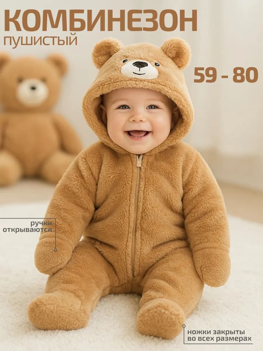 Комбинезон пушистый плюшевый для новорожденных Мишка