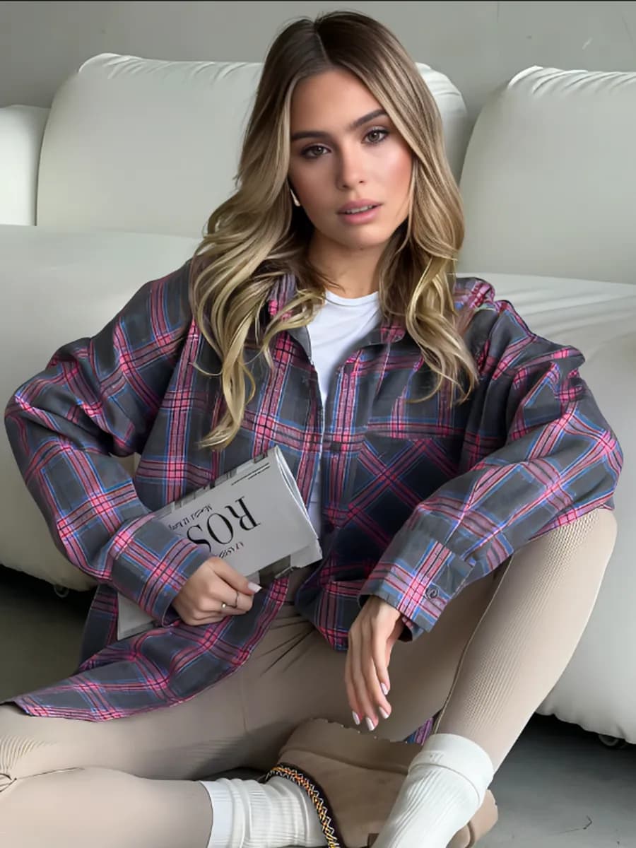 Рубашка оверсайз в клетку осенняя больших размеров