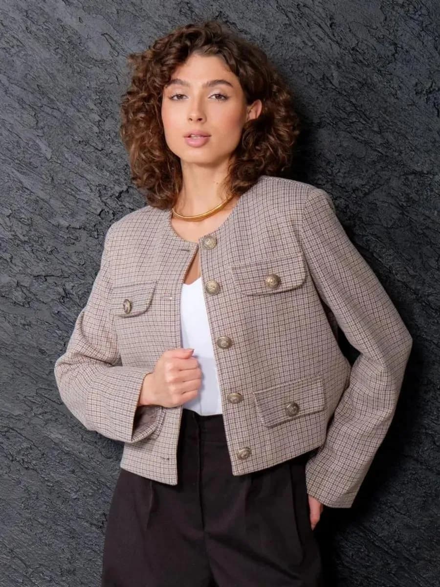 Пиджак укороченный твидовый в клетку жакет old money - фото 1