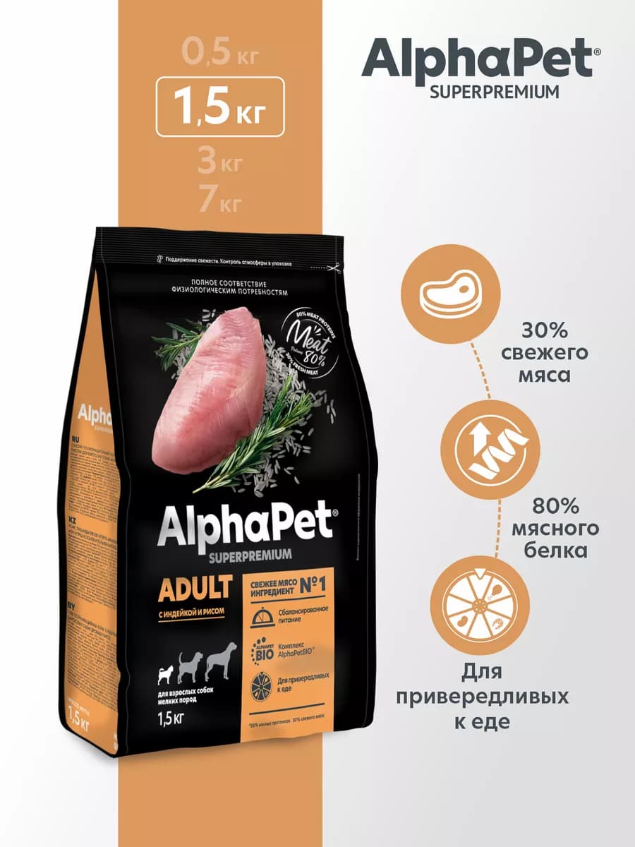 Сухой полнорационный корм для собак с индейкой, 1,5 кг
