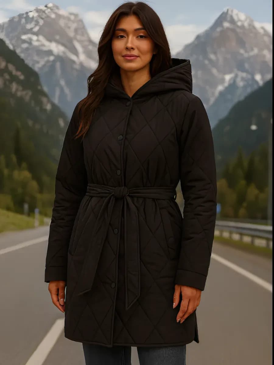 Куртка демисезонная удлиненная стеганая с капюшоном