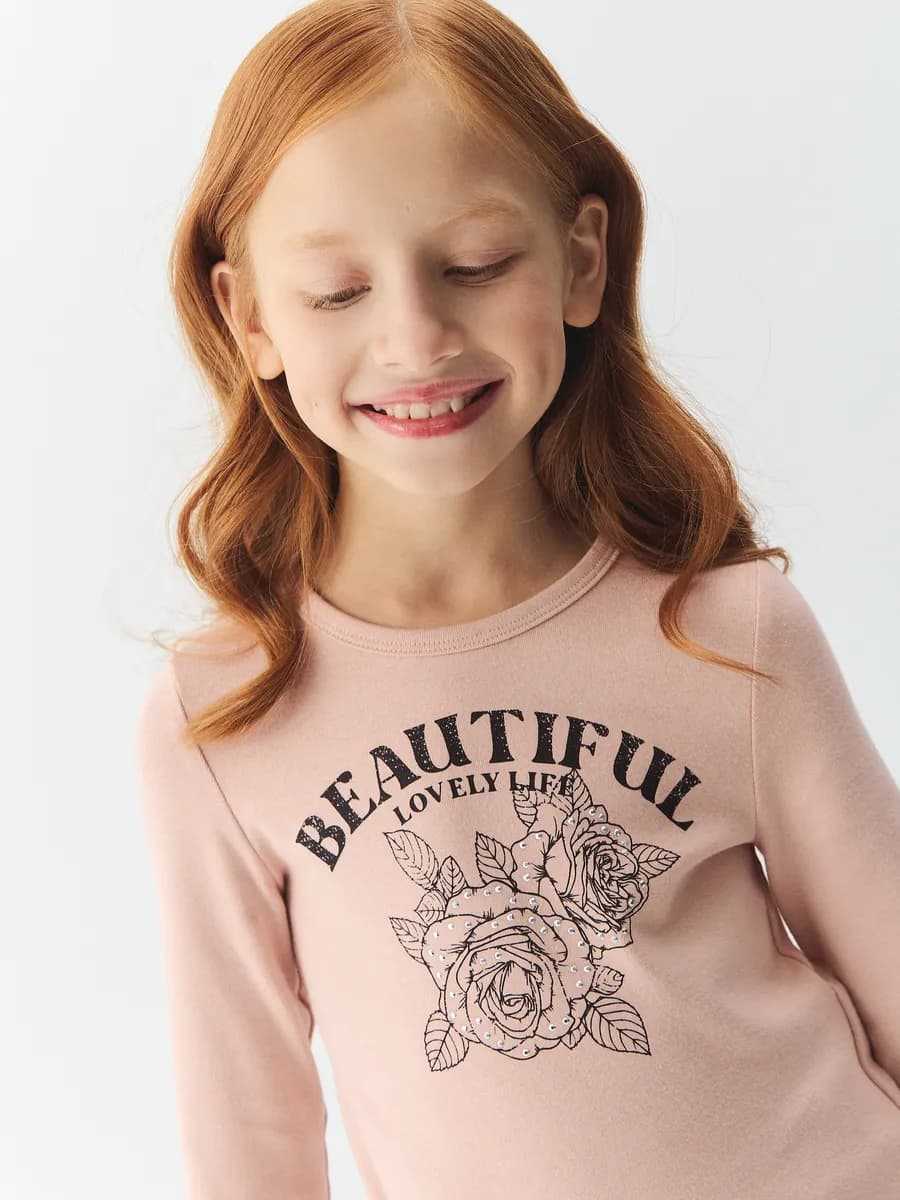 Лонгслив розовый подростковый с принтом оверсайз - фото 1