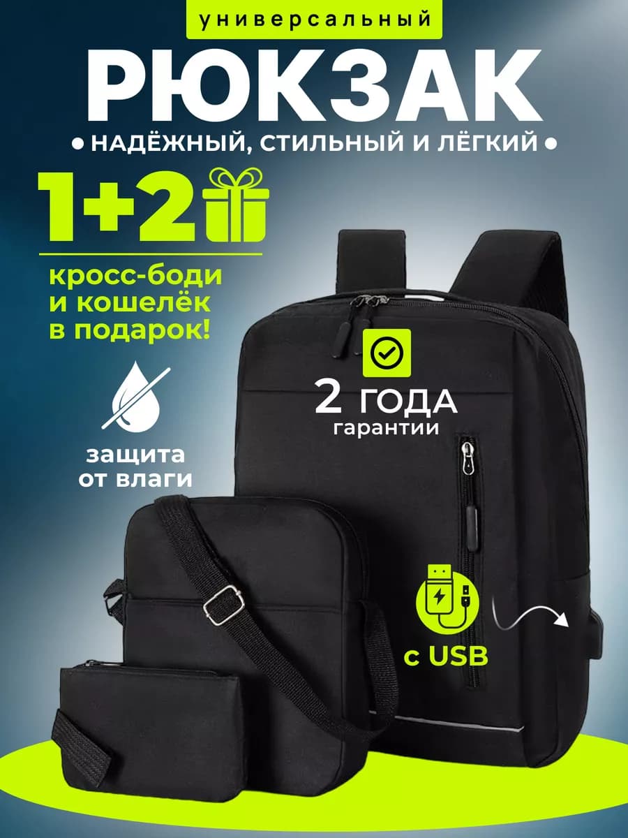 Универсальный черный рюкзак школьный портфель через плечо