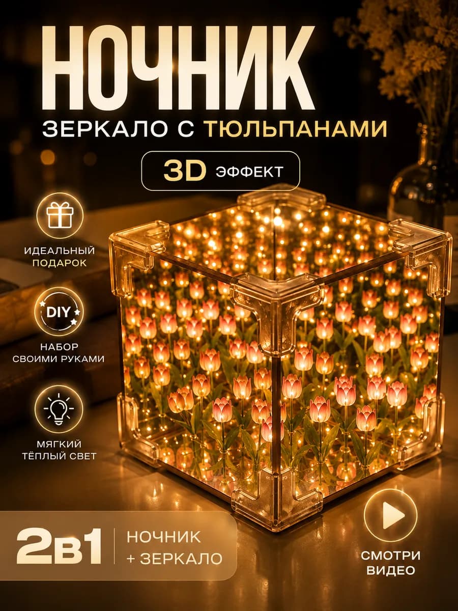 3D ночник зеркало с тюльпанами DIY собери сам-светильник куб