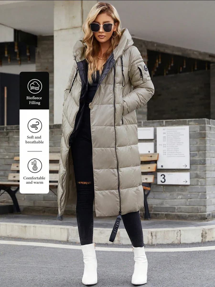 зимняя пуховик с капюшоном удлиненная