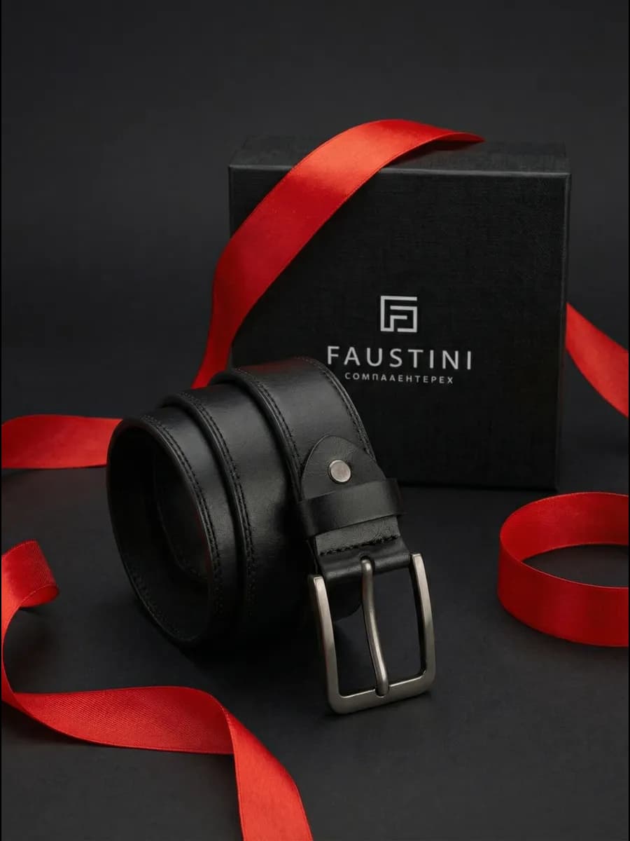 Ремень кожаный, черный, для джинсов и брюк - фото 1