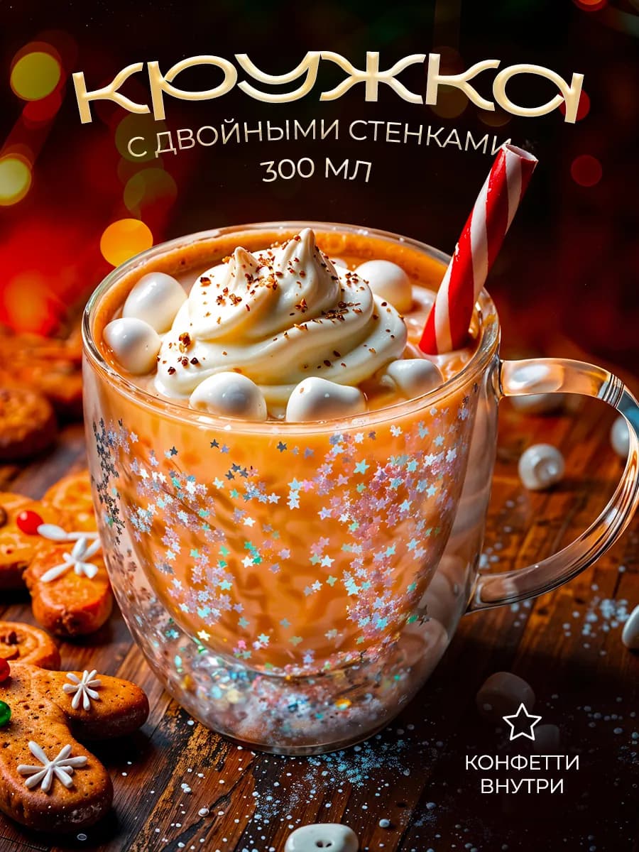 Кружка новогодняя с двойными стенками и конфетти