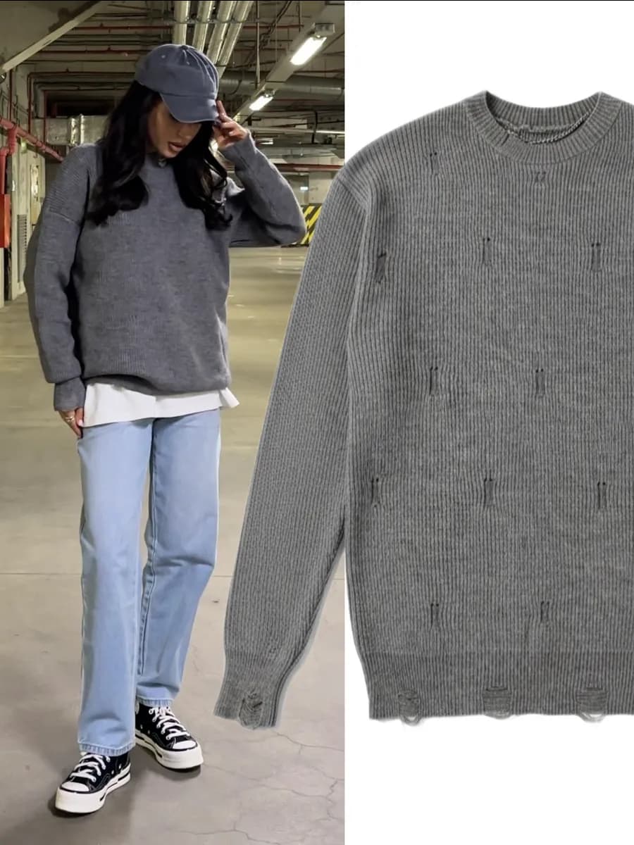 Рваный вязаный свитер оверсайз с дырками в стиле гранж