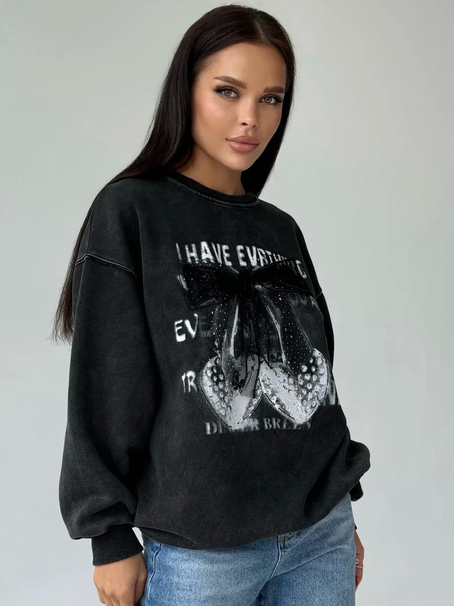 Свитшот с принтом оверсайз с начесом