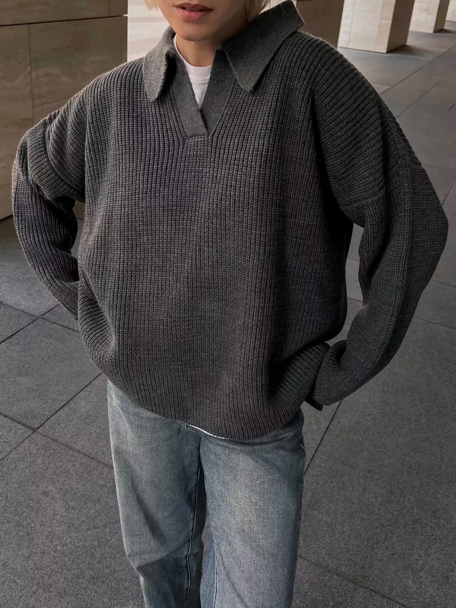 Свитер оверсайз удлиненный вязаный поло