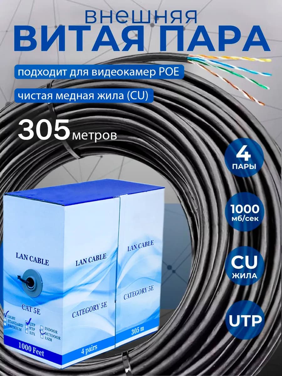 Витая пара уличная бухта 305м UTP cat.5e, чистая медь (CU)
