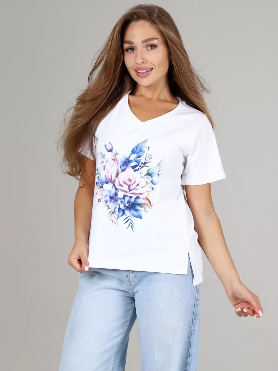 Футболка с вырезом с принтом цветы белая