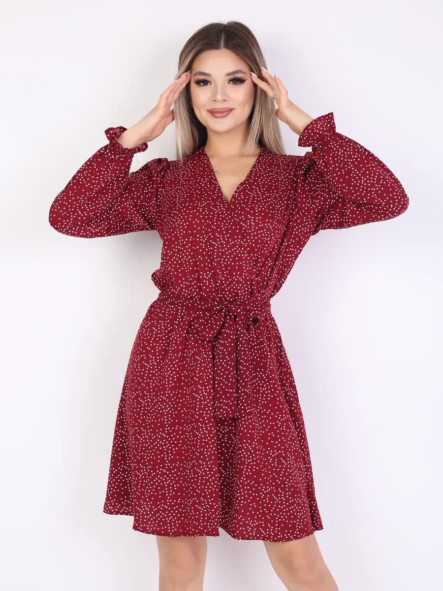 Платье на запах бордовый в горошек - фото 1