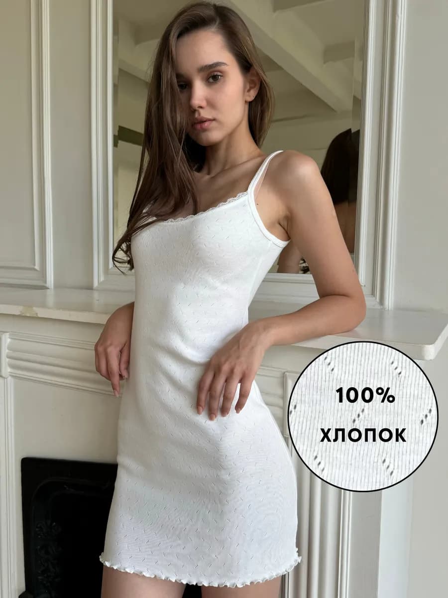 Ночная сорочка хлопок ажурная на бретельках домашняя - фото 1
