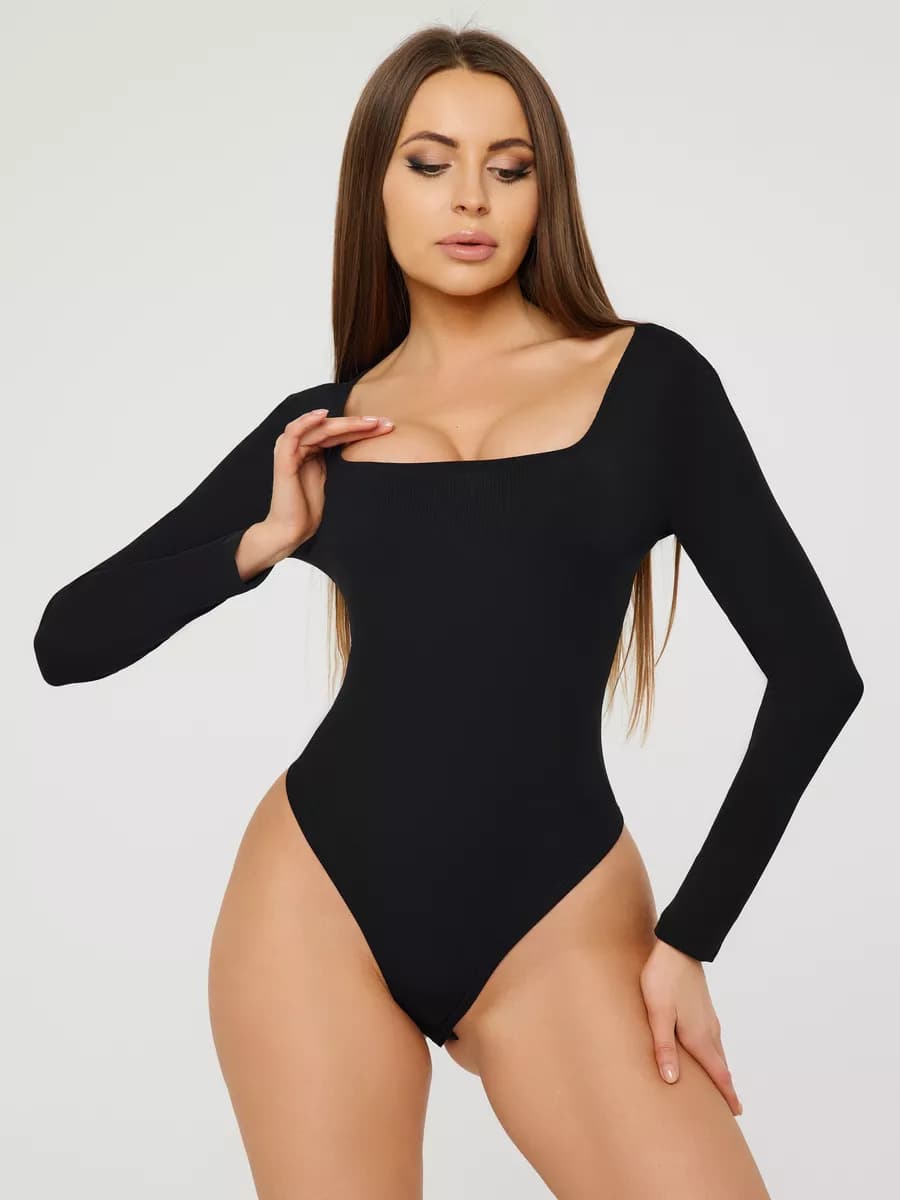 Боди с длинным рукавом черное в рубчик