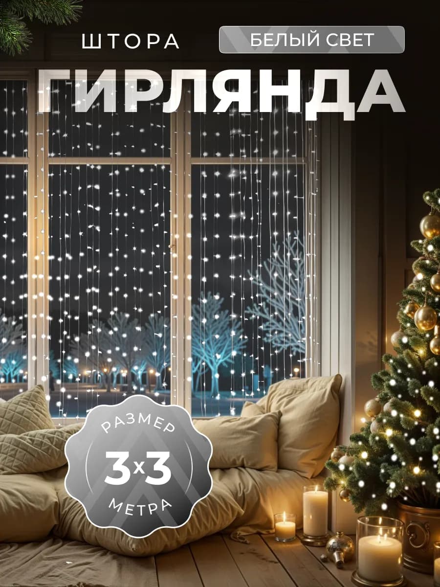 Гирлянда интерьерная новогодняя штора на окно 3х3