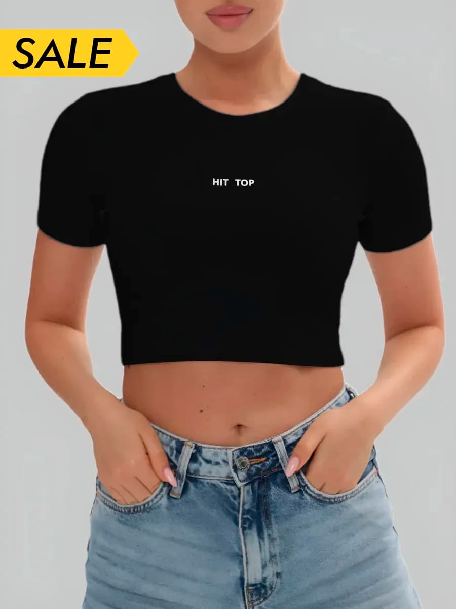 Кроп топ футболка черная с коротким рукавом и надписью