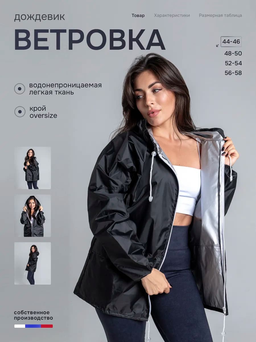 Ветровка дождевик с капюшоном женская мужская на молнии - фото 1