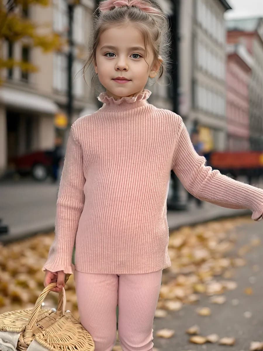 Вязаный свитер водолазка в рубчик с рюшами