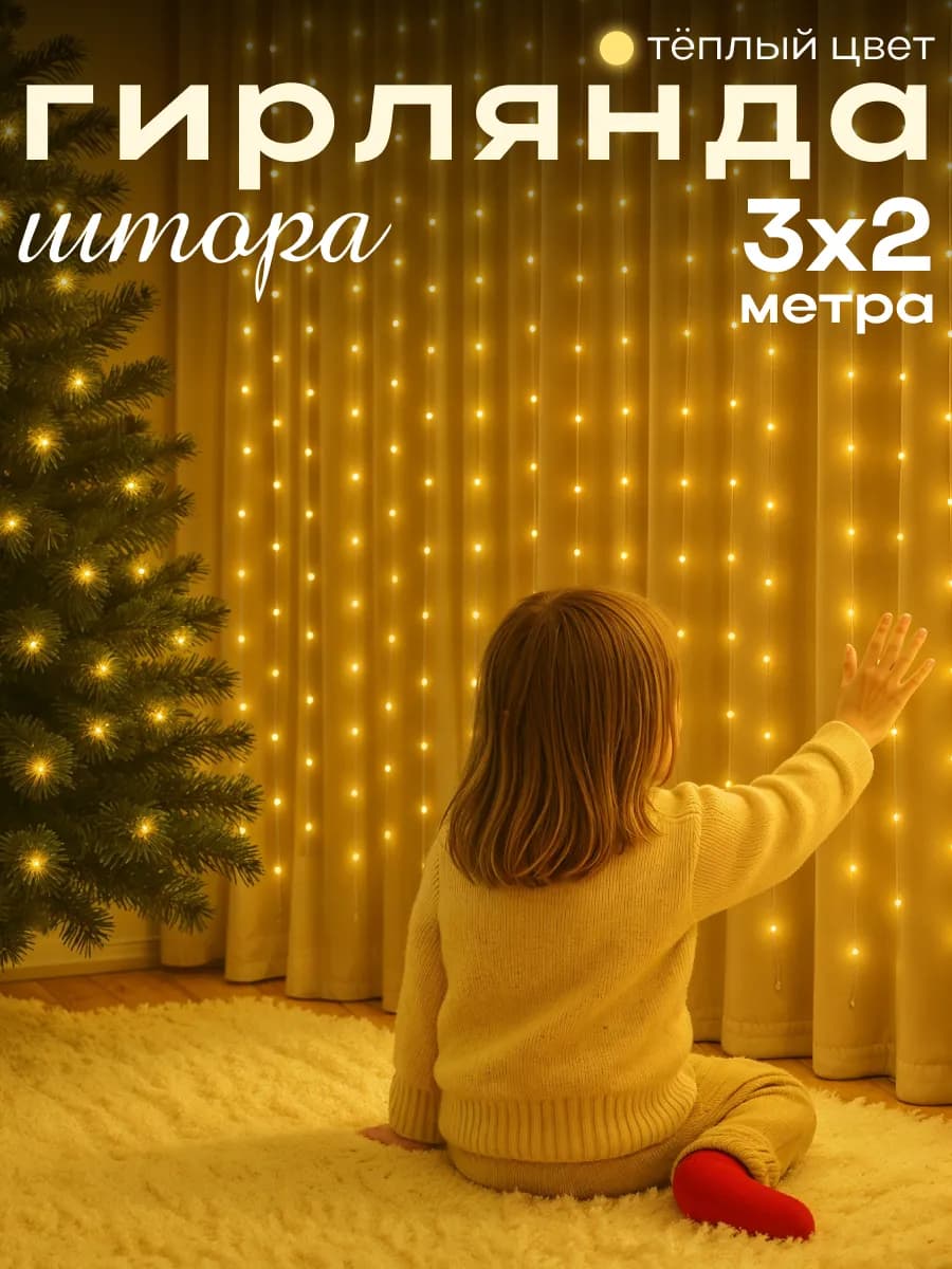 Гирлянда интерьерная новогодняя штора на окно 3х2