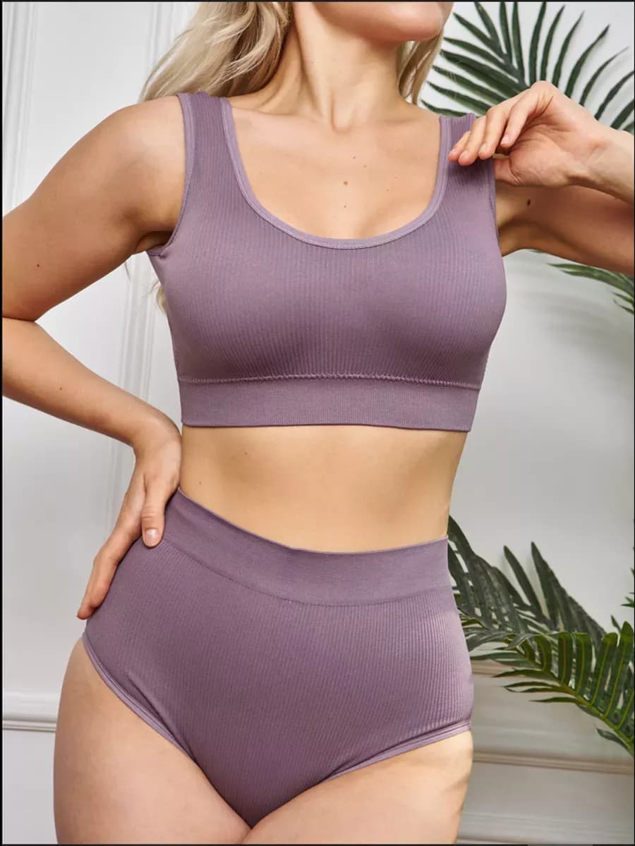 нижнее белье бесшовное в рубчик комплект топ трусы высокие - фото 1