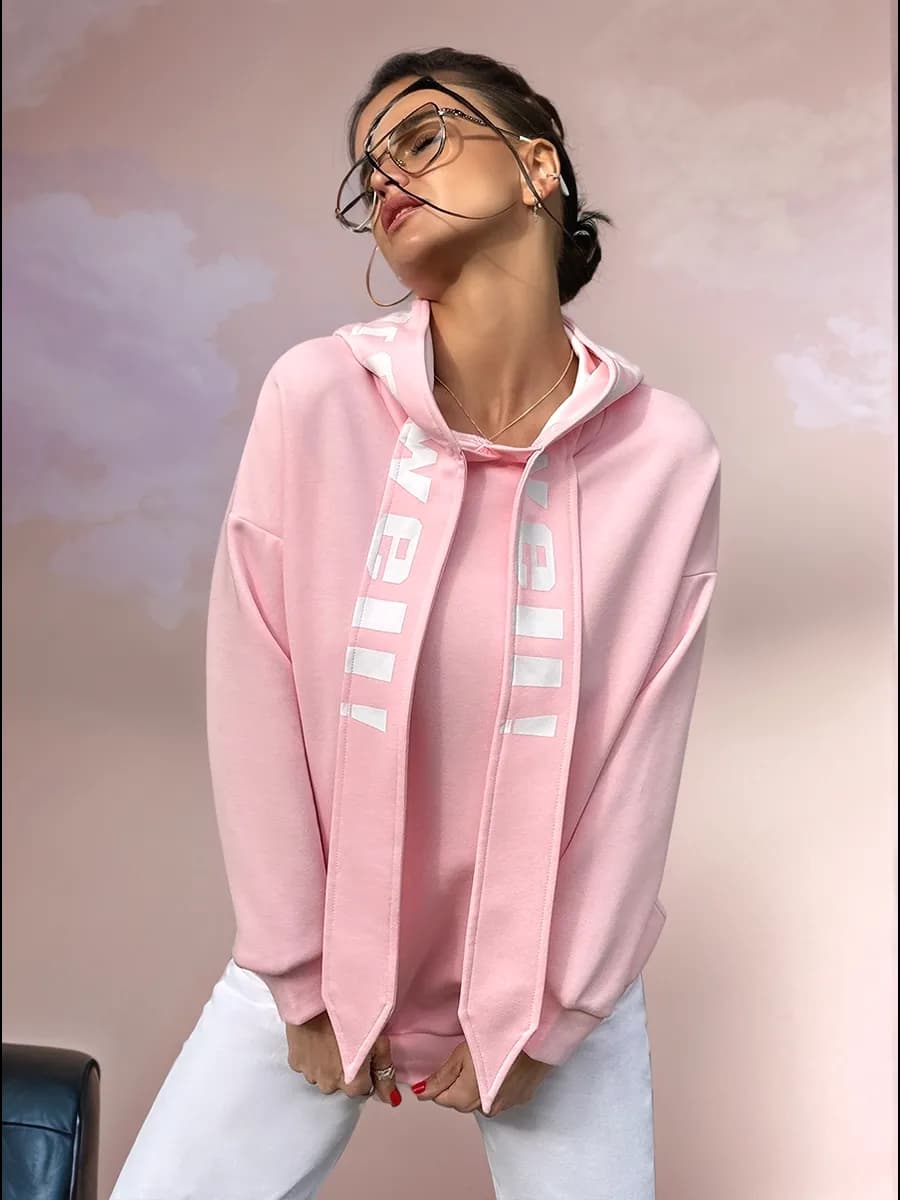 Худи оверсайз с капюшоном и принтом без начеса