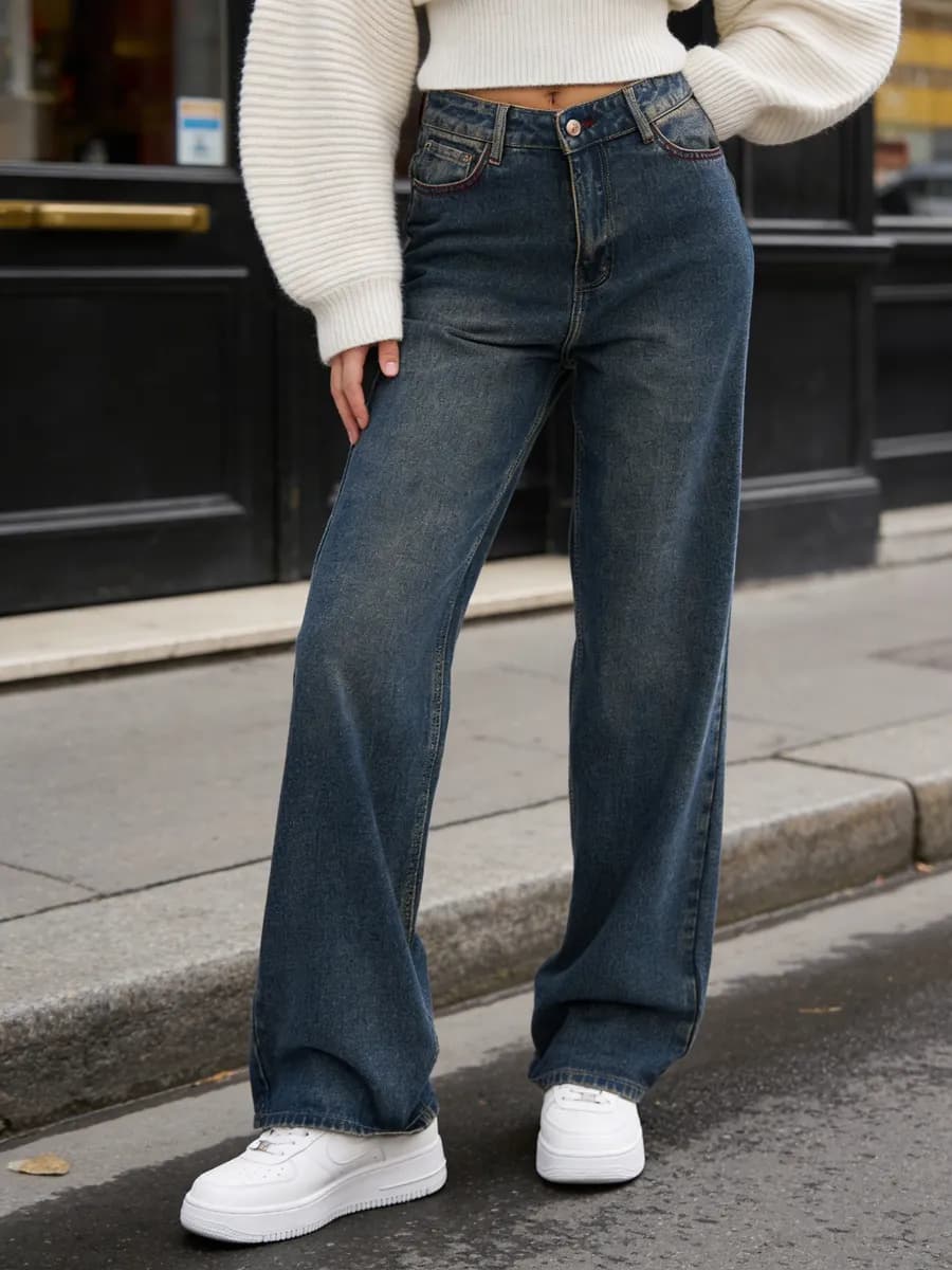 Джинсы широкие трубы с высокой посадкой