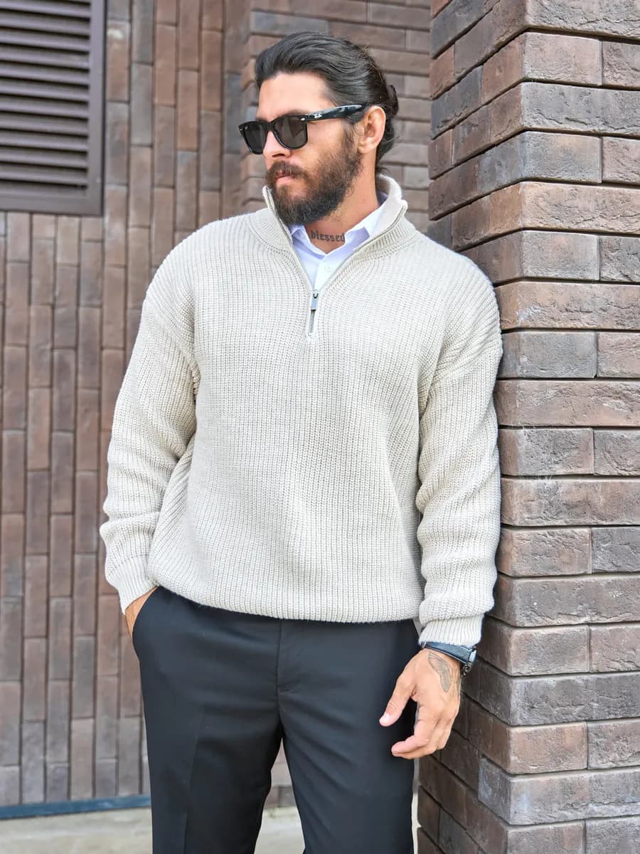 Свитер полузамок вязаный на молнии с воротником теплый