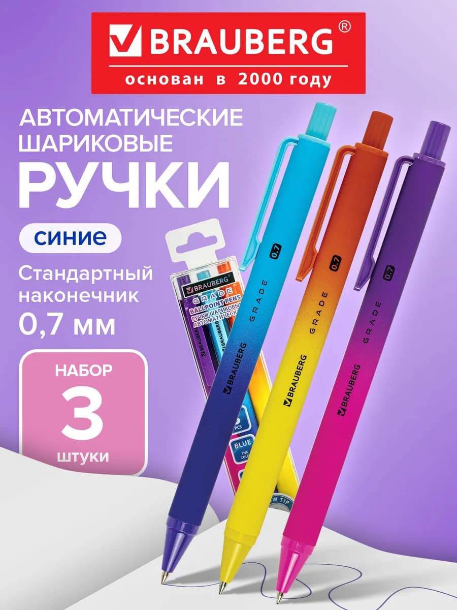 Ручки шариковые автоматические синие набор 3 шт для школы