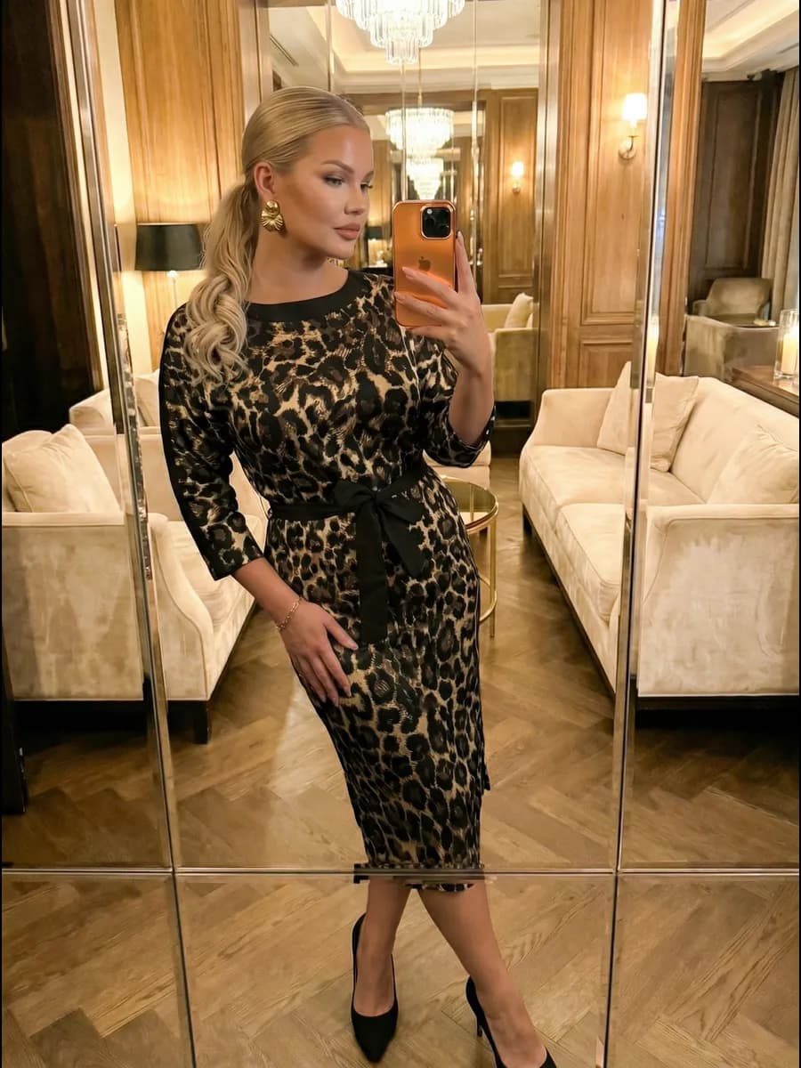 Платье больших размеров праздничное атласное леопардовое