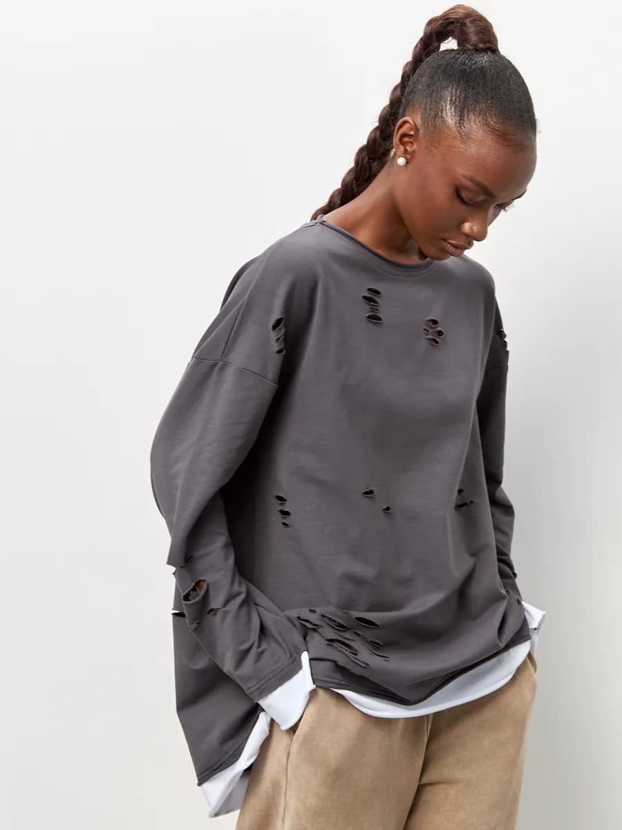 лонгслив хлопок базовый оверсайз трикотажный с дырками