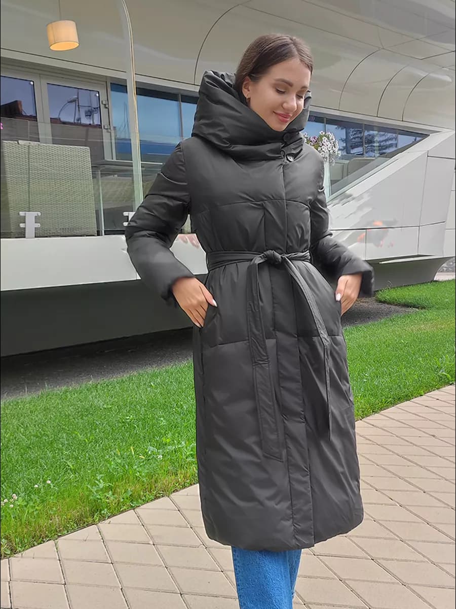 Пуховик пальто зимний длинный с капюшоном и поясом