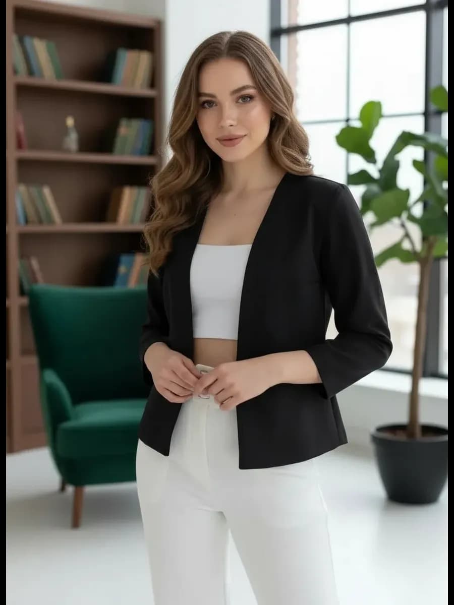 Жакет-пиджак черного цвета, воротV, рукав 3 4